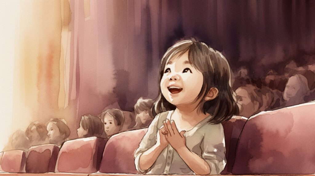 音が大きく耳をふさいでいた子供がマジックの魔法の世界に入り込んで楽しんでいる様子のイラスト