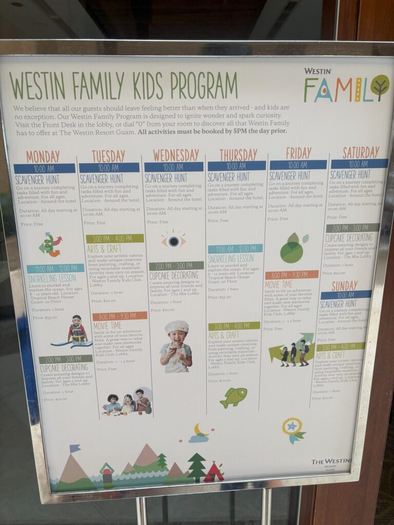 WESTIN FAMILY KIDS PROGRAMのスケジュール表