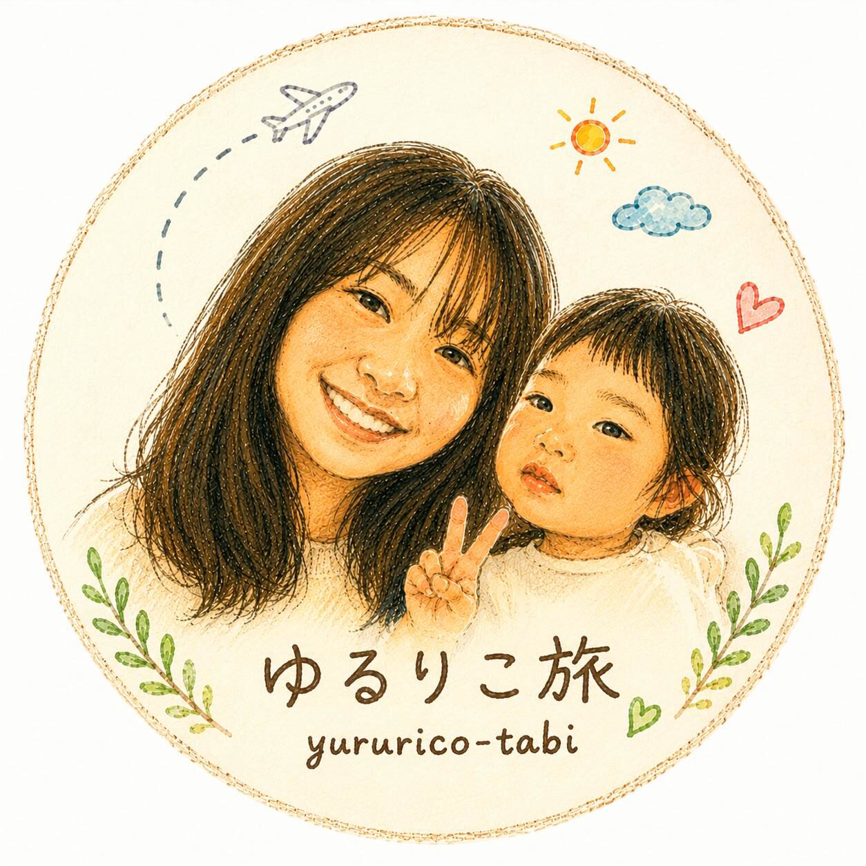Circular illustrated logo of a smiling woman and child, with 'yururico-tabi' text, suggesting a family travel brand