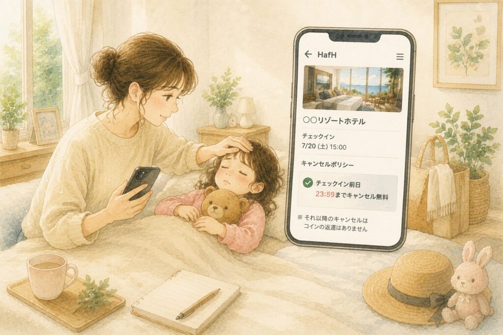 子連れ旅行で子どもが熱を出した際も前日までキャンセルできるHafHのイメージ