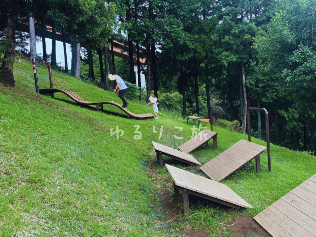 あいかわ公園の冒険の森にある斜面のアスレチック遊具