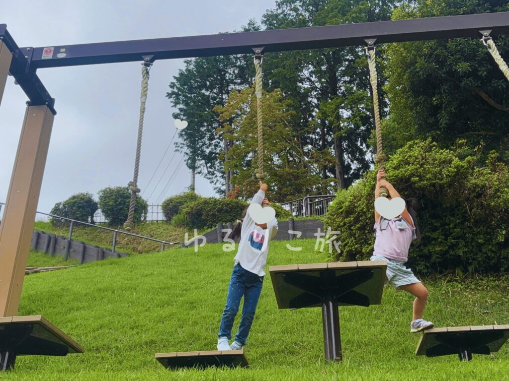 あいかわ公園の冒険の森でターザンロープを楽しむ子ども
