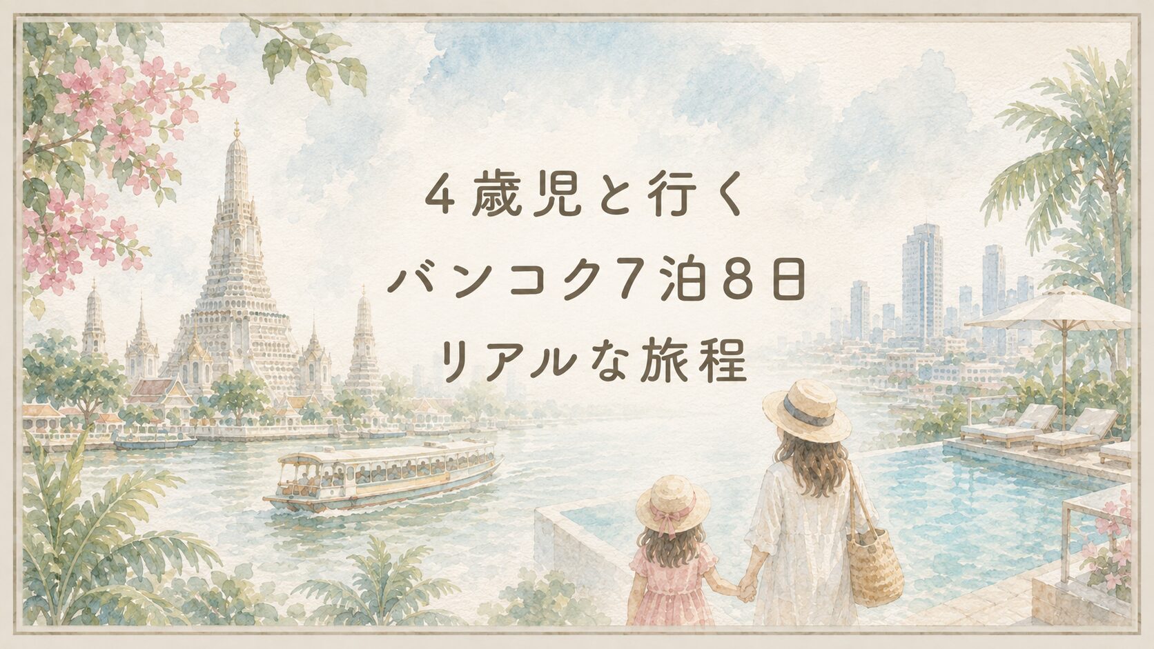 ワットアルンやチャオプラヤー川、ホテルのプールを背景に母娘が描かれた、4歳児とのバンコク7泊8日旅行のアイキャッチ