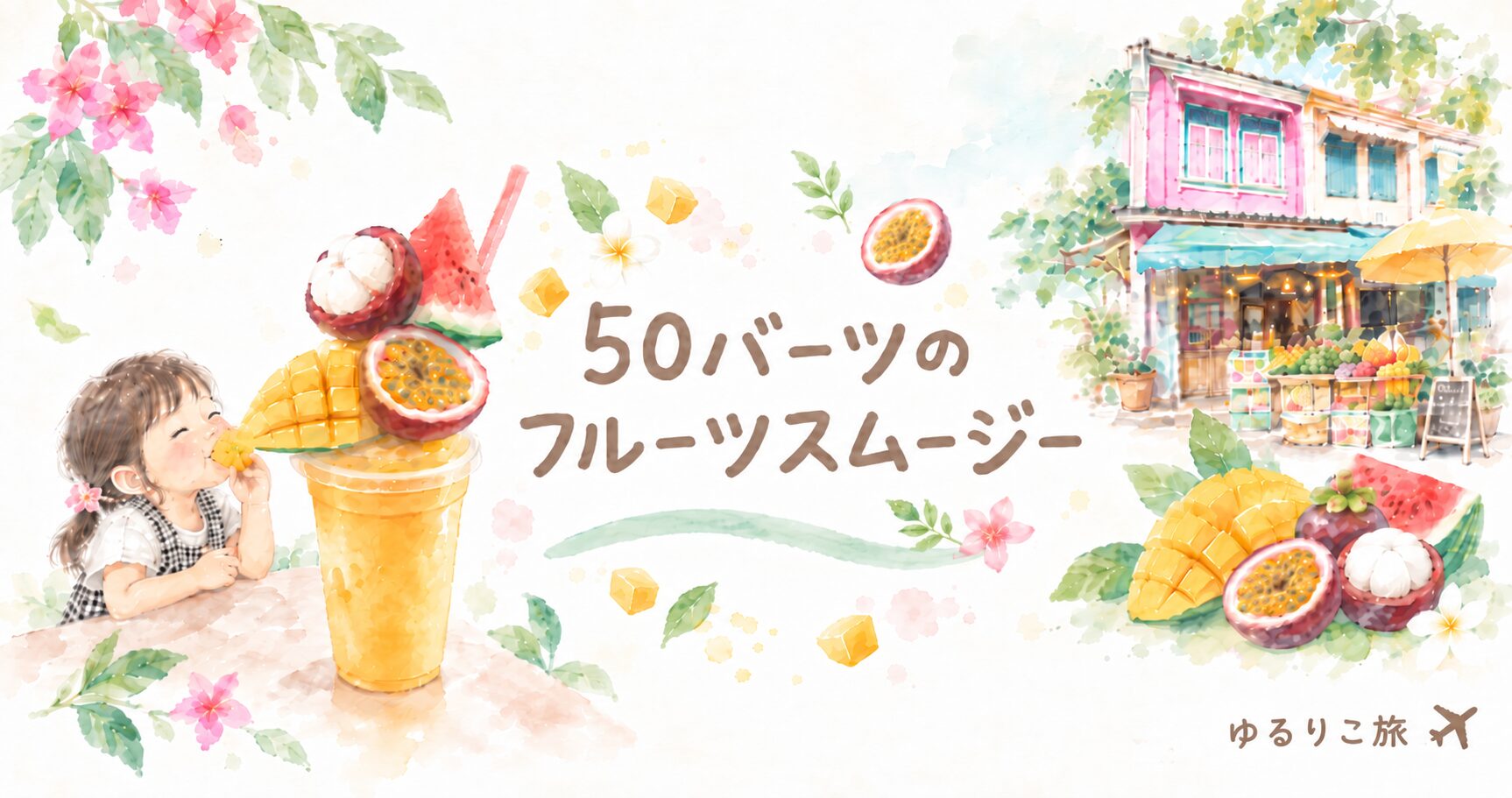 バンコクで50バーツのフルーツスムージーを楽しむ4歳児を描いた水彩イラスト