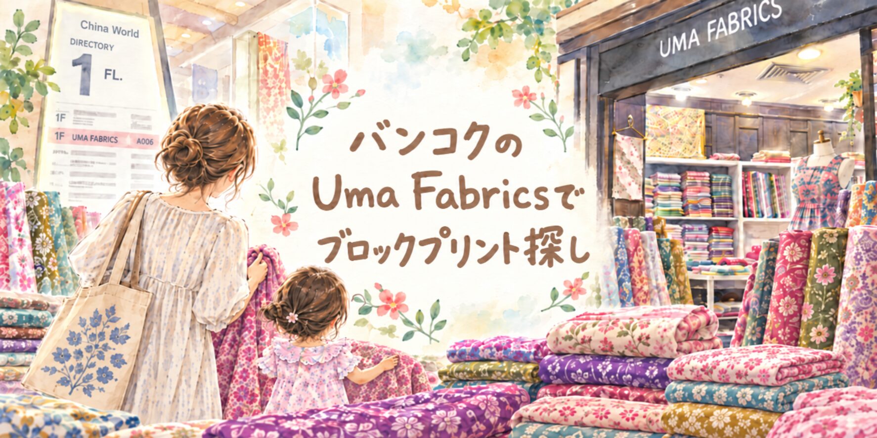 バンコクのChina WorldにあるUma Fabricsで、親子がブロックプリントの布を選んでいる水彩風アイキャッチ画像