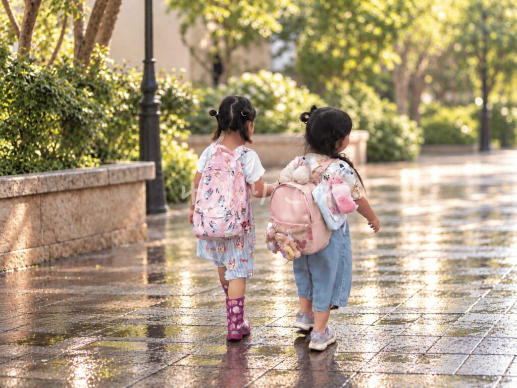 雨上がりの道を一緒に映画館へ向かう4歳児とお友達