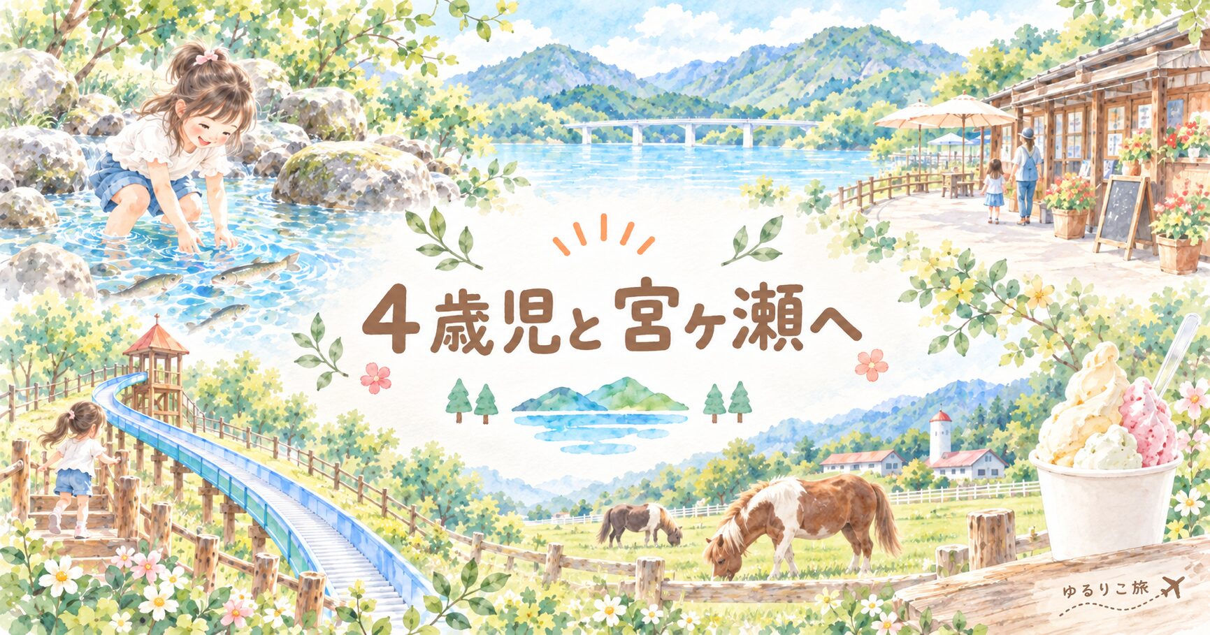 Whimsical, colorful illustration of a lakeside park with children exploring, a wooden boardwalk, and distant mountains; center displays Japanese title.