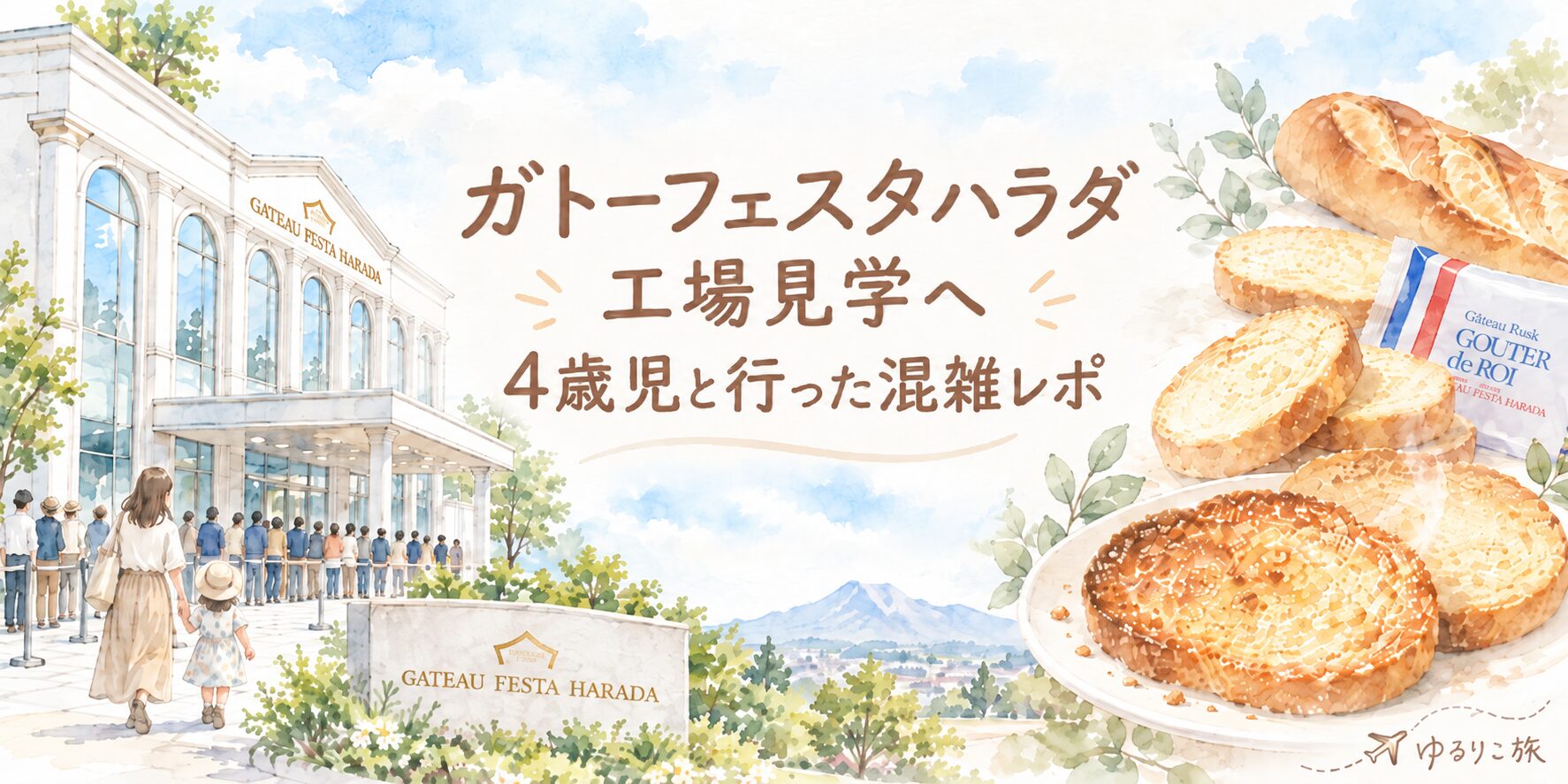 ガトーフェスタ ハラダ本社工場の外観とラスクを描いた、4歳児との工場見学・混雑レポの水彩アイキャッチ