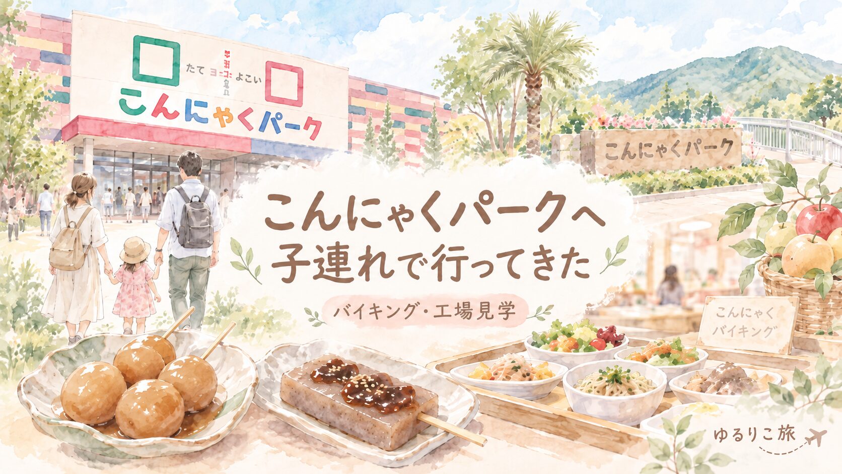 4歳児と訪れたこんにゃくパークのバイキングや工場見学を描いた水彩アイキャッチ